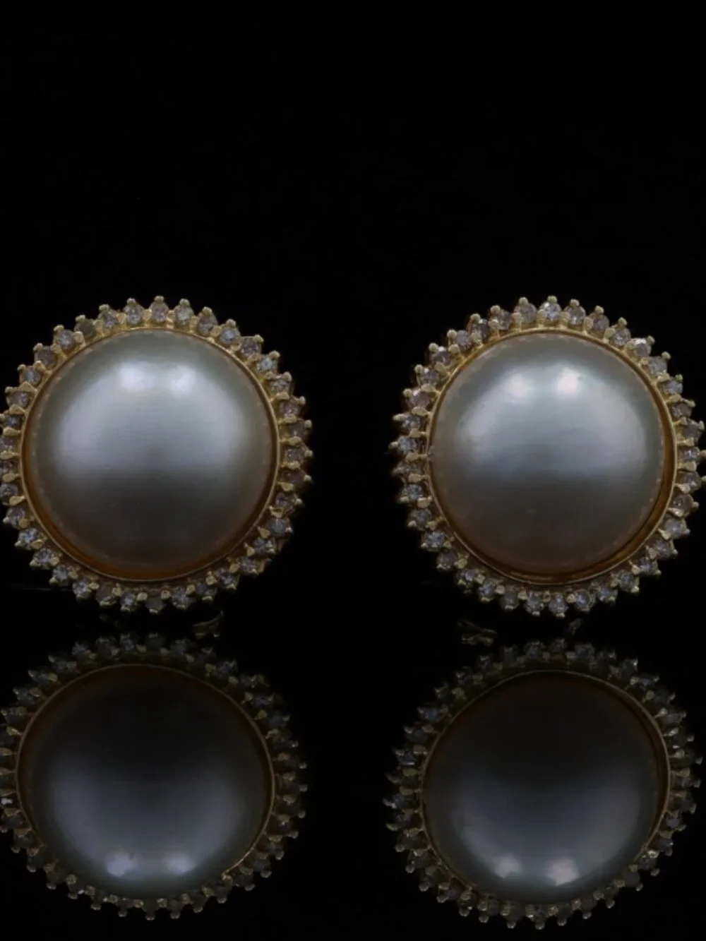 Yellow Gold Cultured Mabe Pearl Diamond Halo Stud Earrings 14k Rd .72ctw Pierced